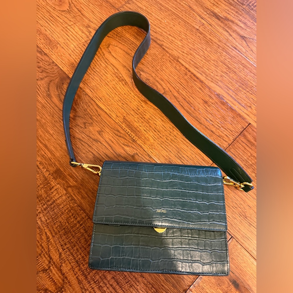 JW PEI mini flap bag, green croc print